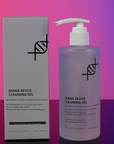 Derma Revive Cleansing Gel bottle and packaging on a gradient pink to purple background at Skin Accord