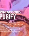Promotional image for SKIN ACCORD purifying facial treatment, indicating it's for acne and congestion with text overlay on a background resembling a marbled pattern in pink and purple tones.