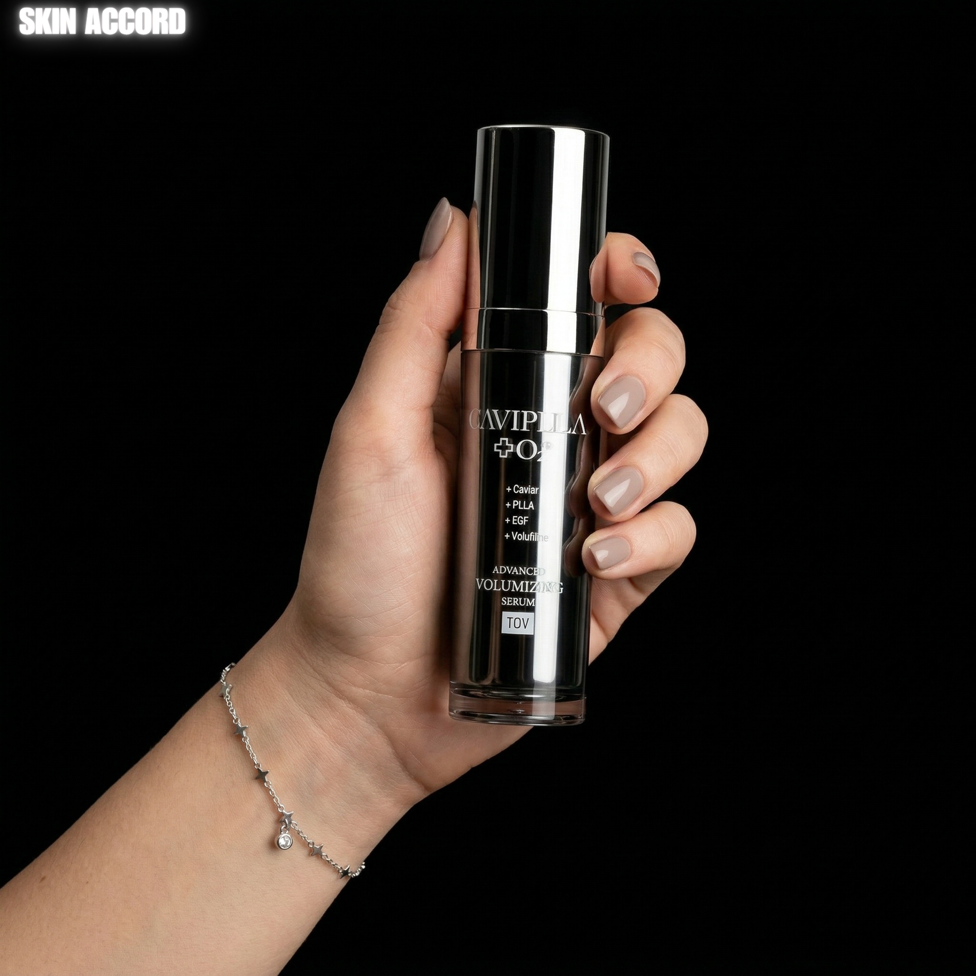 Hand holding HOP PLLA CAVIPLLA O2 skincare bottle with 'SKIN ACCORD' branding against a black background