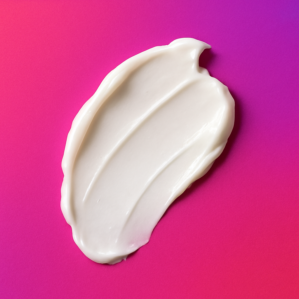 White cream swatch on a pink and purple gradient background