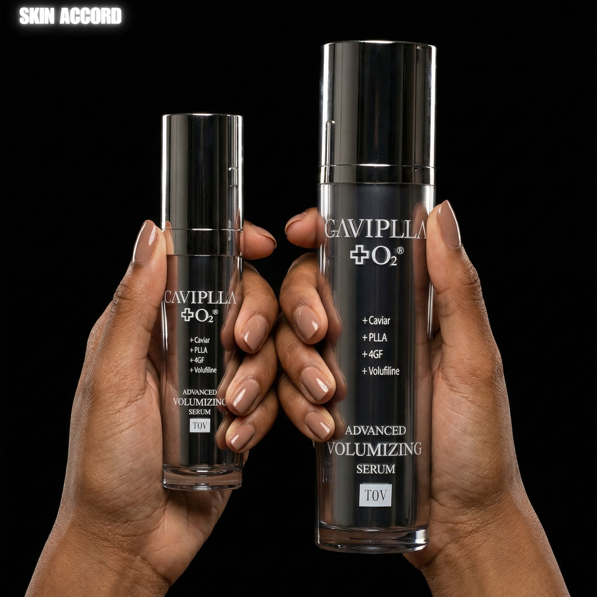 Two hands holding CAVIPLLA +O2 Advanced Volumizing Serum bottles against a black background.