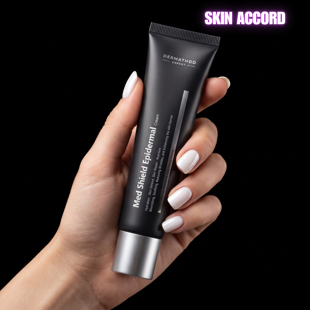 Hand holding dermathod Med Sheild Cream against a black background