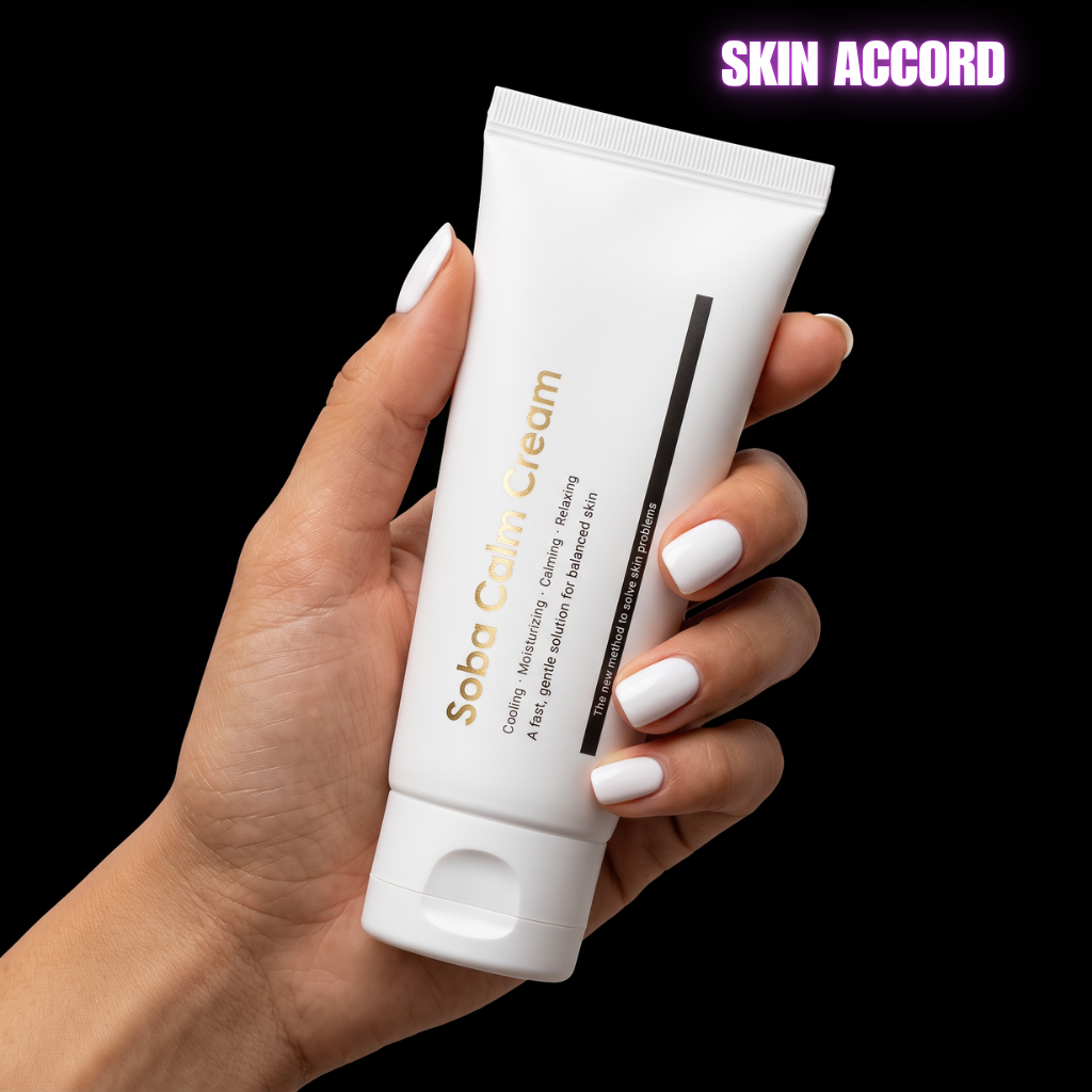 Hand holding Dermathod Soba Cold Cream Moisturizer against black background 