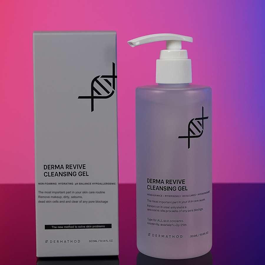 Derma Revive Cleansing Gel bottle and packaging on a gradient pink to purple background at Skin Accord