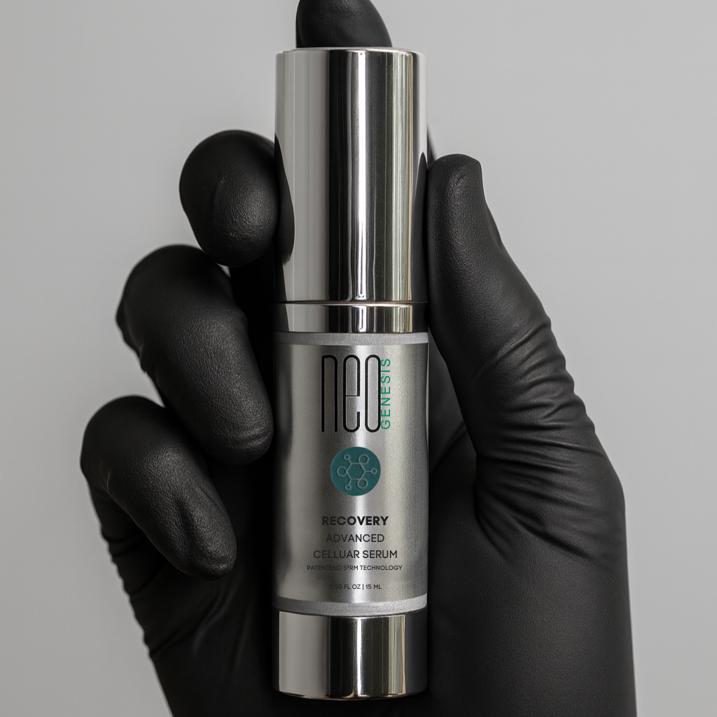 Hand wearing a black glove holding a silver and gray serum bottle labeled 'neo genesis' against a gray background.