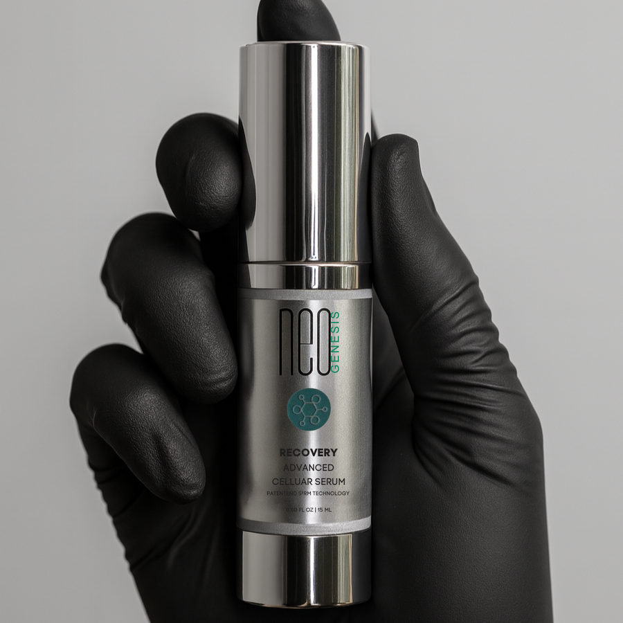 Hand wearing a black glove holding a silver and gray serum bottle labeled 'neo genesis' against a gray background.