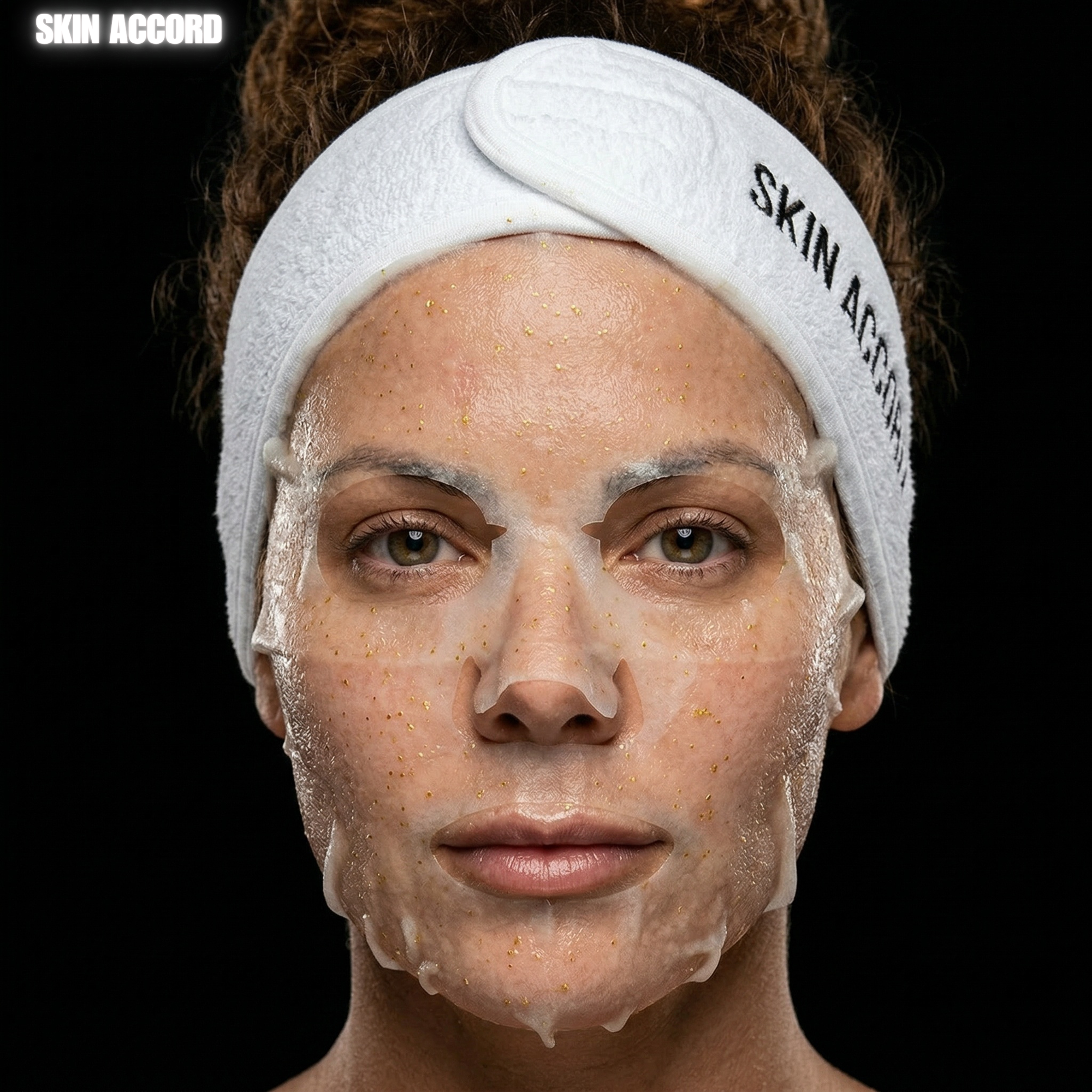 Person wearing a 'SKIN ACCORD' headband with a HOP 24k Gold Mask on their face against a black background.