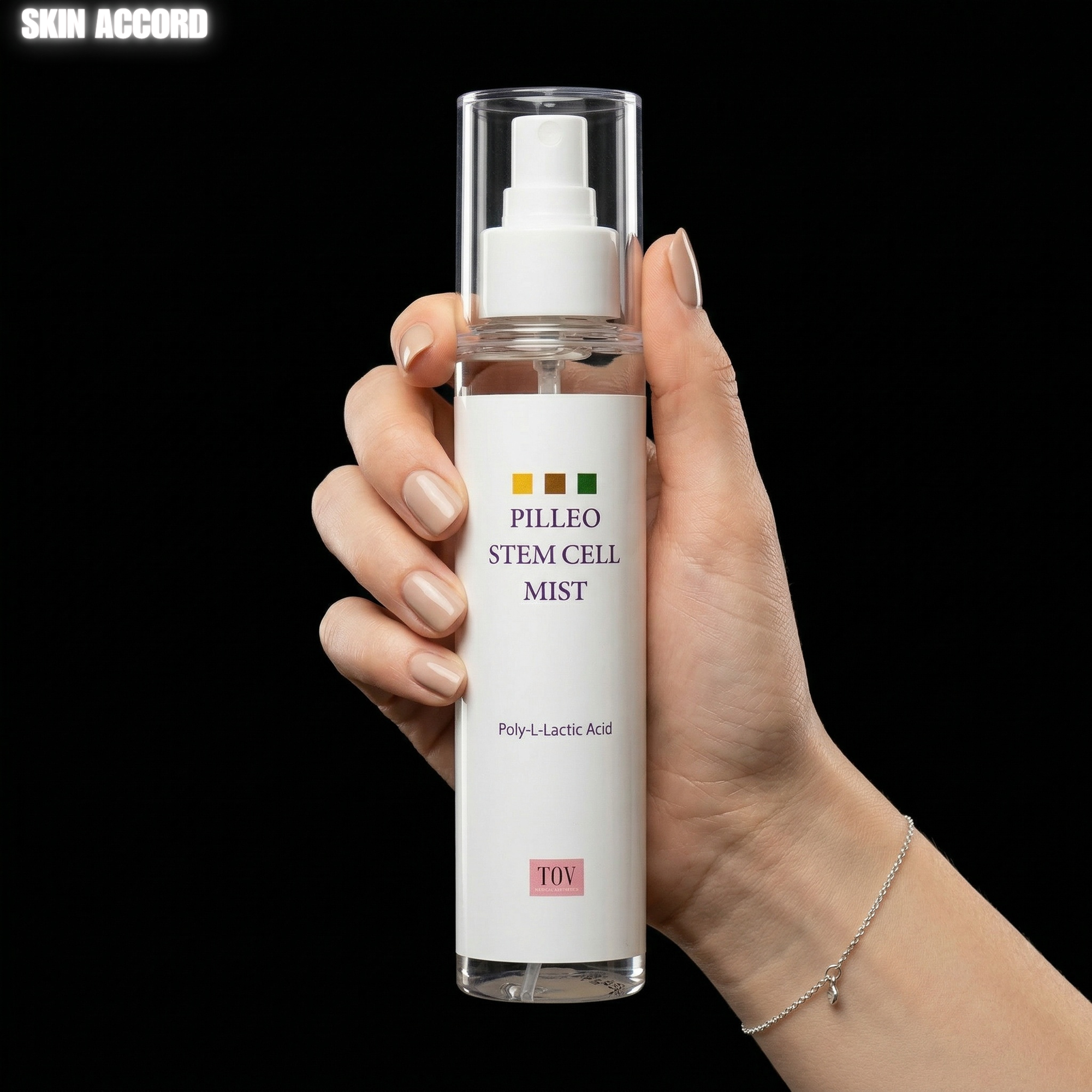 Hand holding a bottle of 'hOUSE OF PLLA Pilleo Stem Cell Mist' with a black background