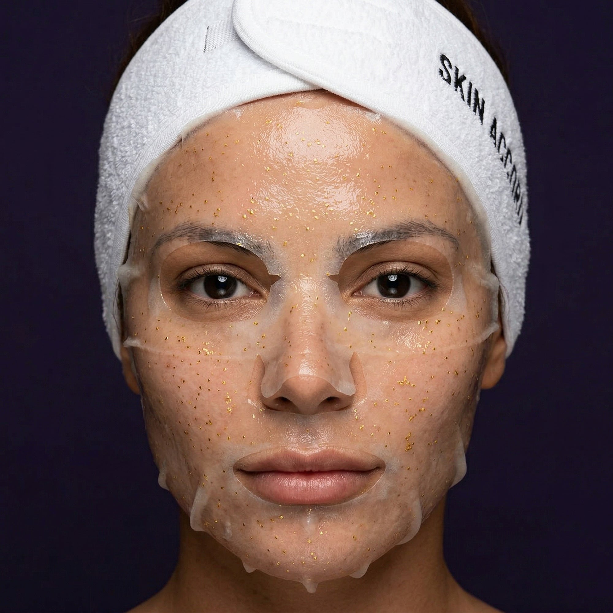 House of  PLLA 24k Mask on woman's face with Skin Accord headband