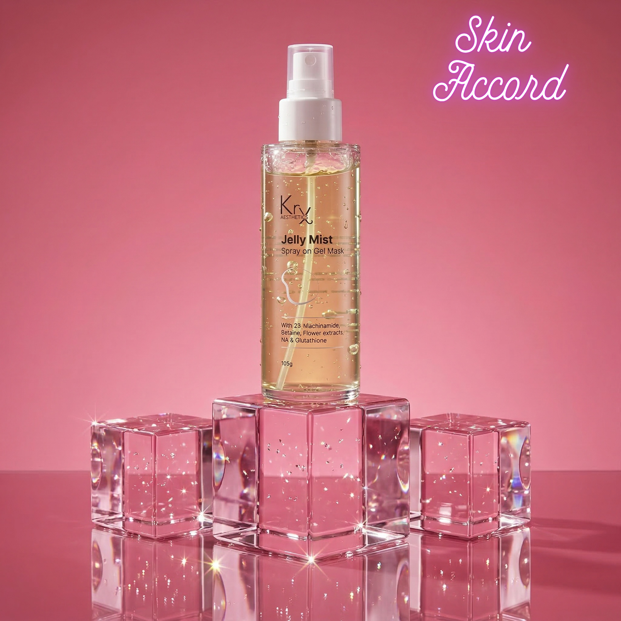 Kx Jelly Mist bottle on pink cubes with 'Skin Accord' text on a pink background