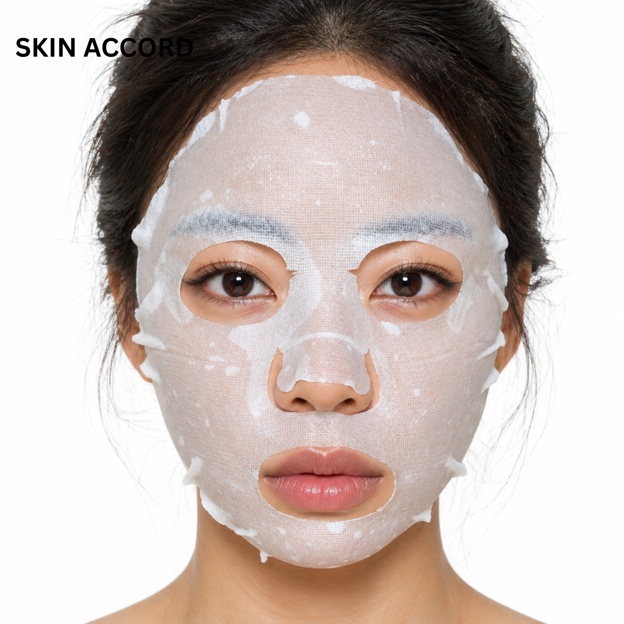 Person wearing Medi Park K Calming face mask with 'SKIN ACCORD' branding on a white background