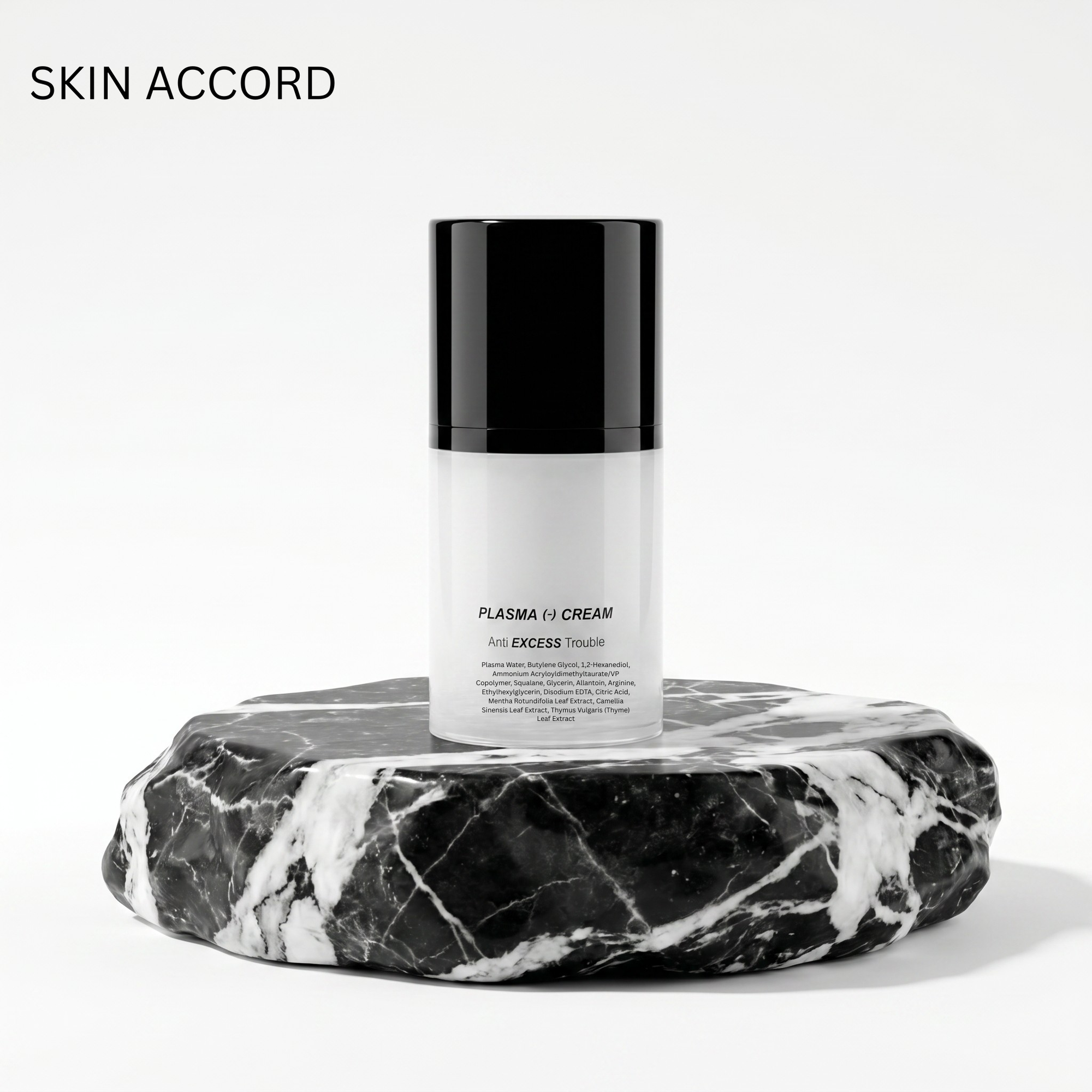 Skincare bottle labeled 'MediPair Plasma Cream' on a black and white marble stand with 'SKIN ACCORD' branding.