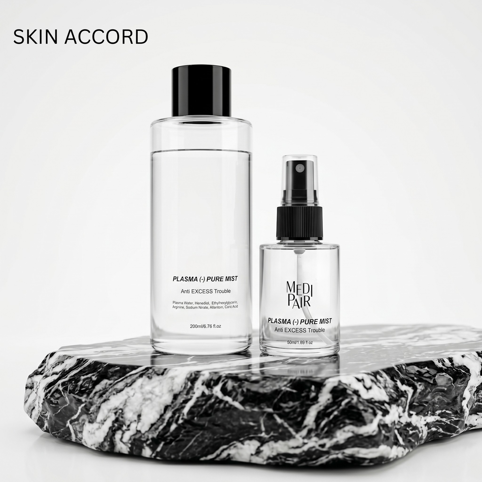 Two skincare bottles labeled ' MEDI PAIR PLASMA PURE MIST' on a marble surface with a white background