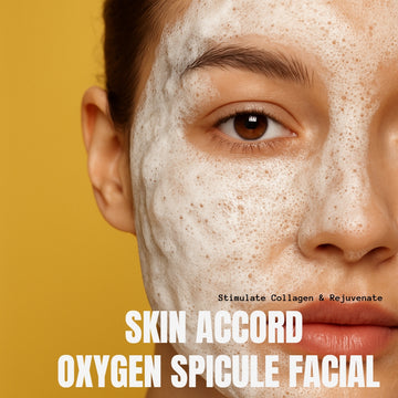 Facial with a skincare product applied, featuring the brand 'Skin Accord' on a yellow background.