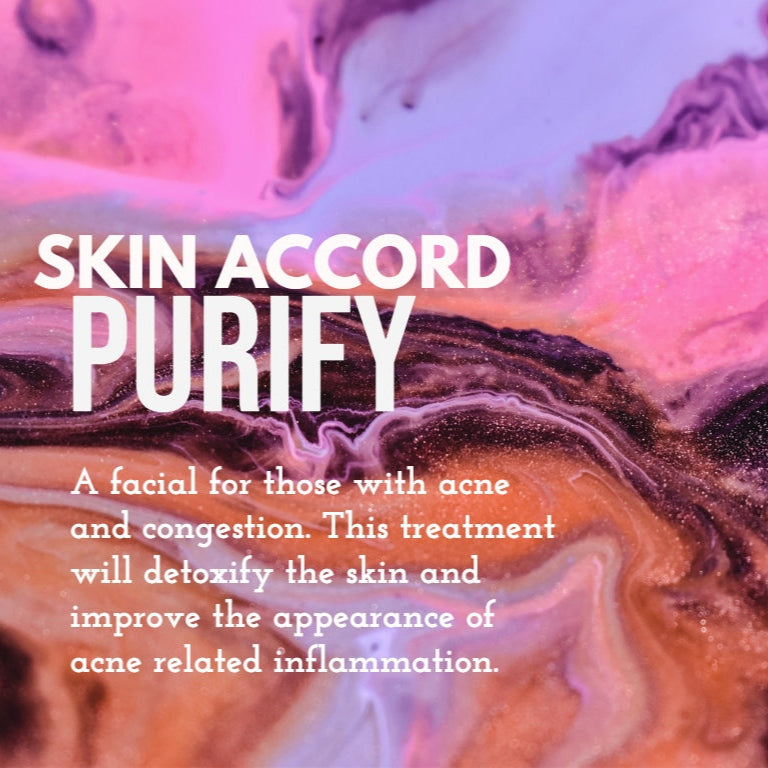 Promotional image for SKIN ACCORD purifying facial treatment, indicating it's for acne and congestion with text overlay on a background resembling a marbled pattern in pink and purple tones.