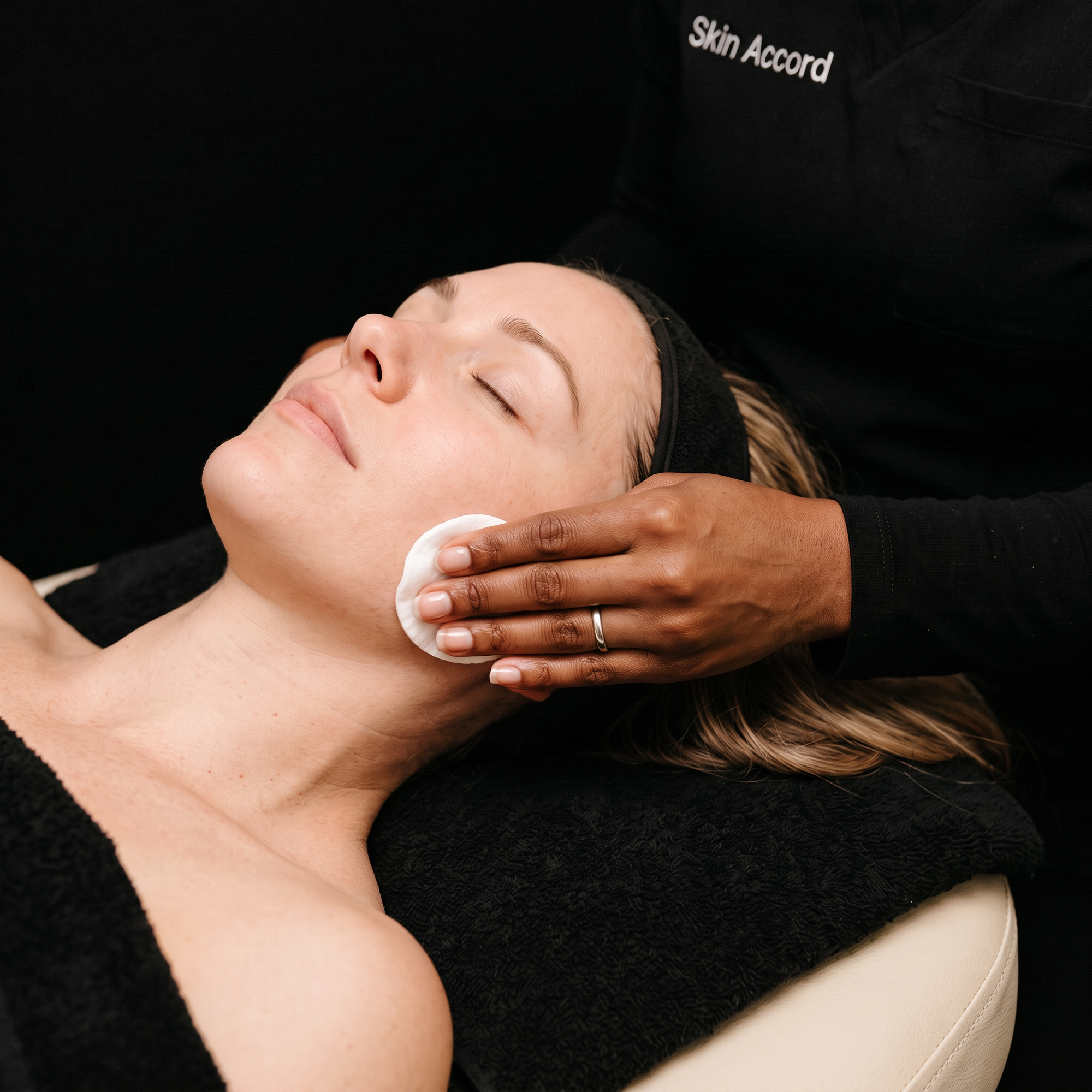 A close-up lifestyle shot of a woman receiving a facial treatment, lying down with her eyes closed while a practitioner in a black uniform wipes her face with a cotton pad. The uniform has the brand name 'Skin Accord' visible on the chest.