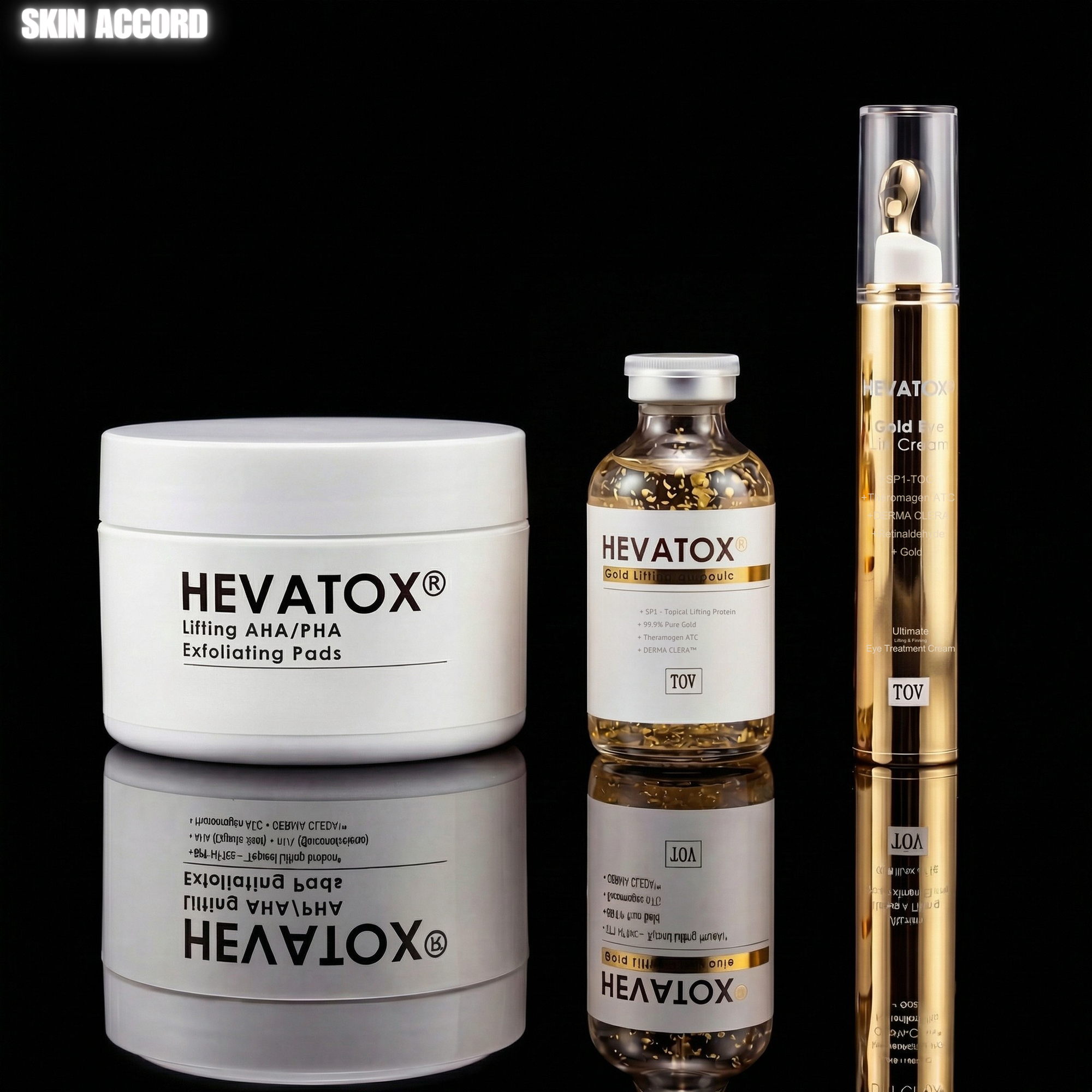 HEVATOX skincare products including a jar, bottle, and pen on a reflective surface with a black background.