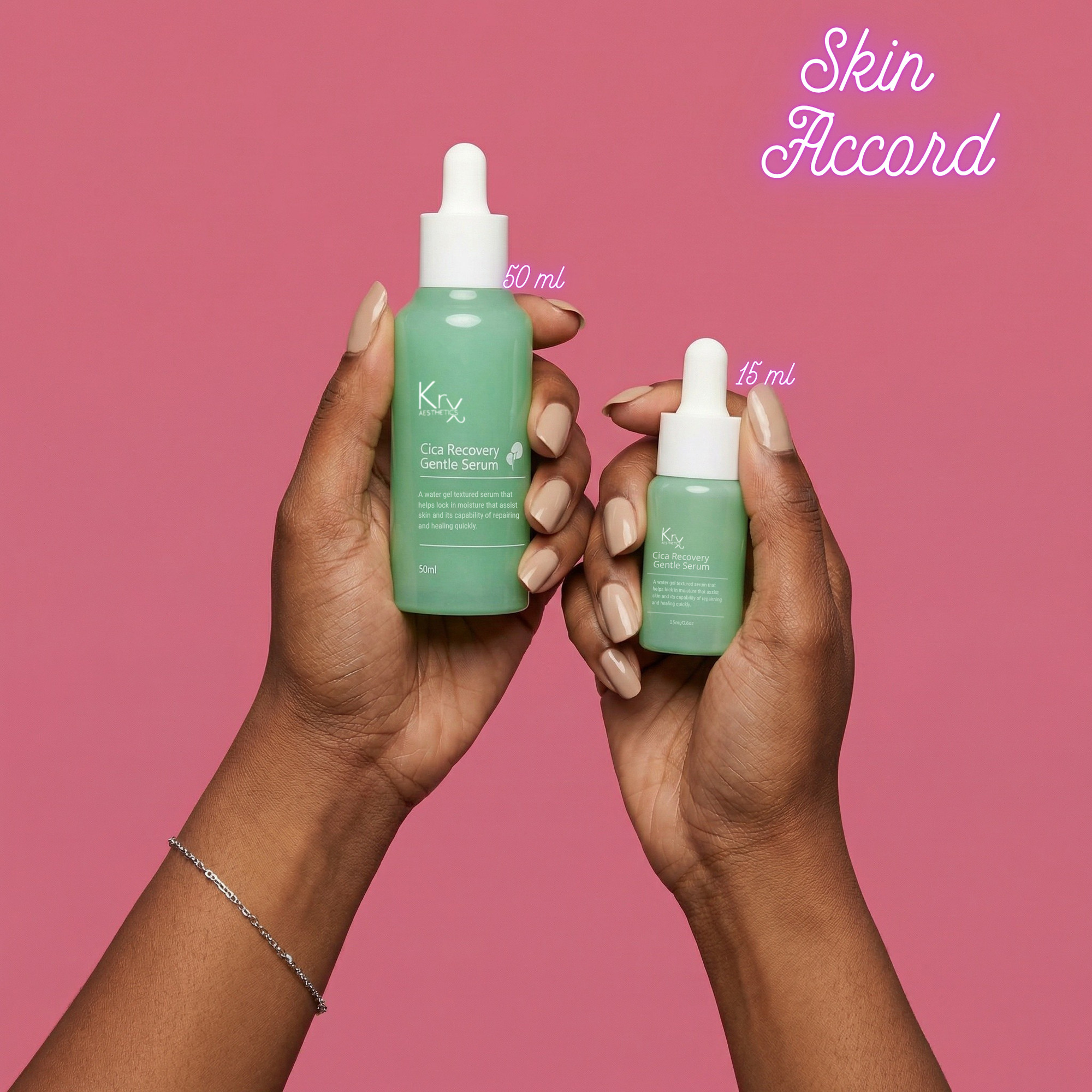 Two hands holding KRX Cica Recovery Serum bottles in 50ml and 15 ml sizes with a pink background and 'Skin Accord' 
