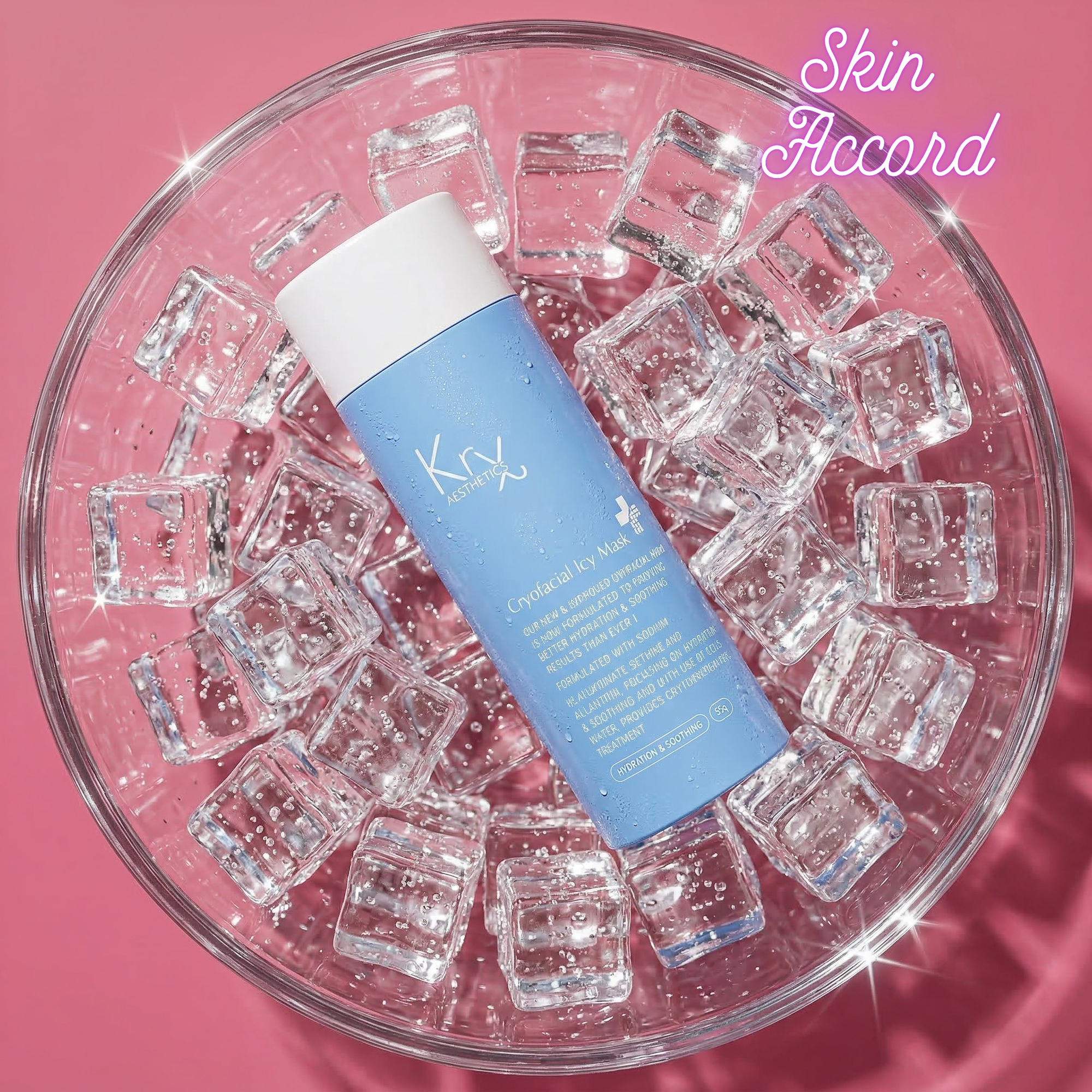 KRX Aesthetics Cryofacial mask bottle on ice cubes against a pink background, featuring 'Skin Accord' branding.