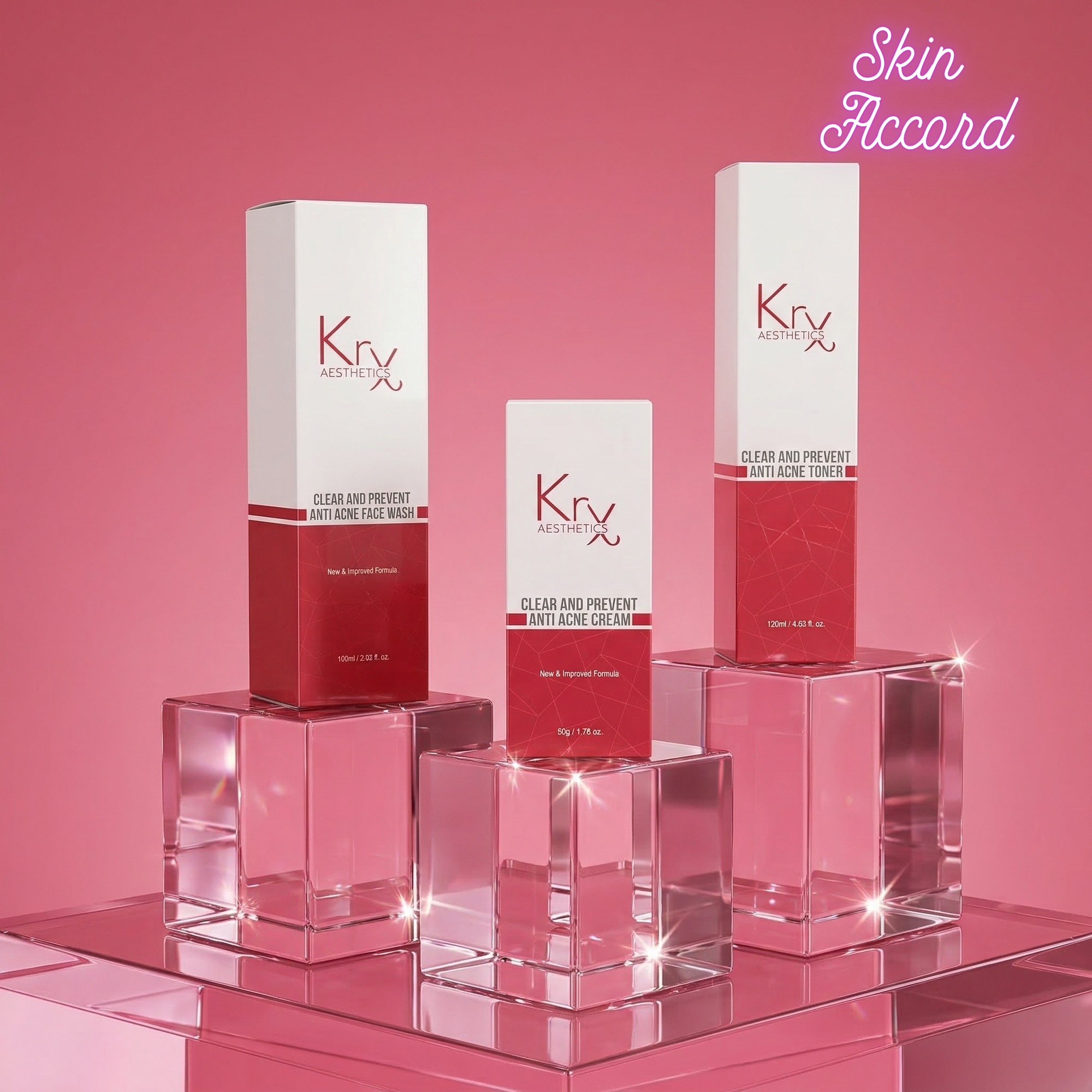Krx Aesthetics Anti Acne Skincare Set against a pink background at Skin Accord