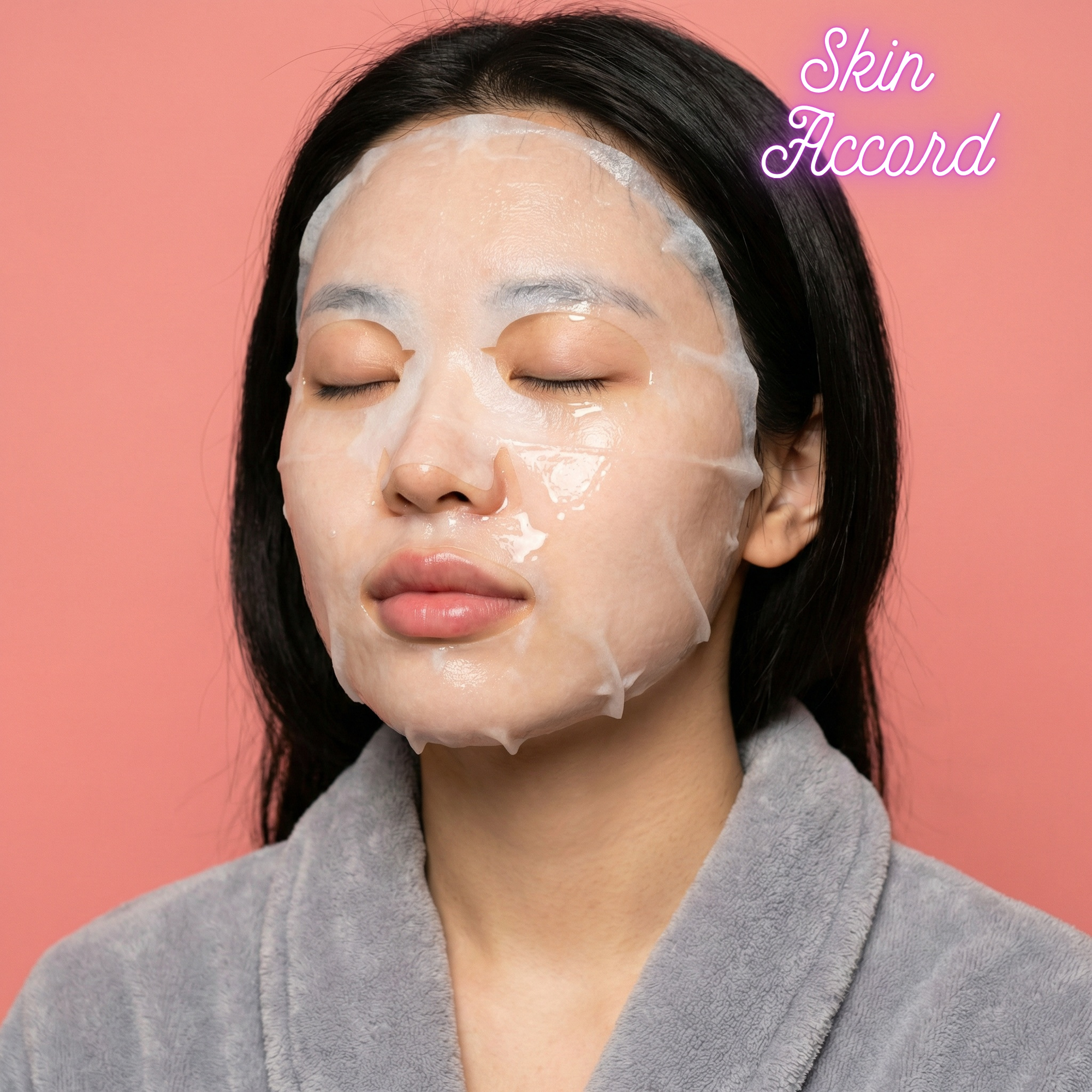 Woman wearing a face KRX Cica Home Mask with 'Skin Accord' branding on a pink background