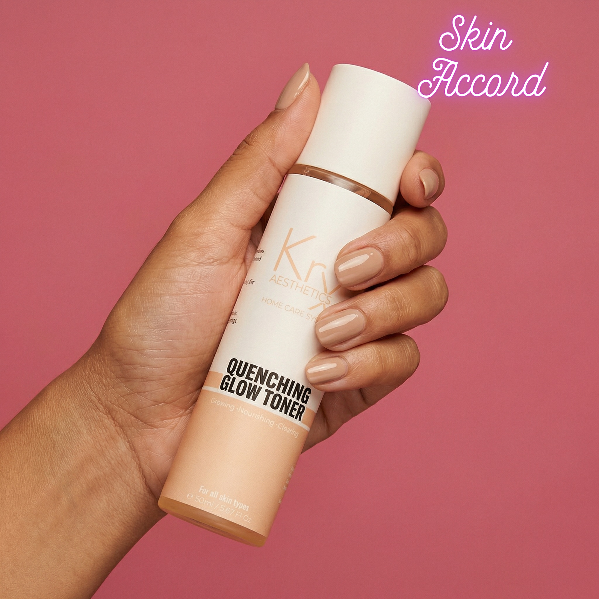 Hand holding a 'KRX Aesthetics Quenching Glow Toner' bottle with 'Skin Accord' branding on a pink background