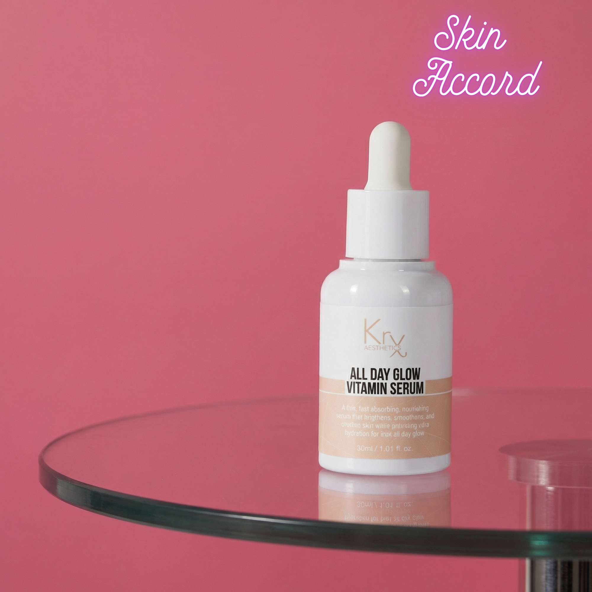 KRX All Day Glow Vitamin Serum bottle on a glass table with a pink background