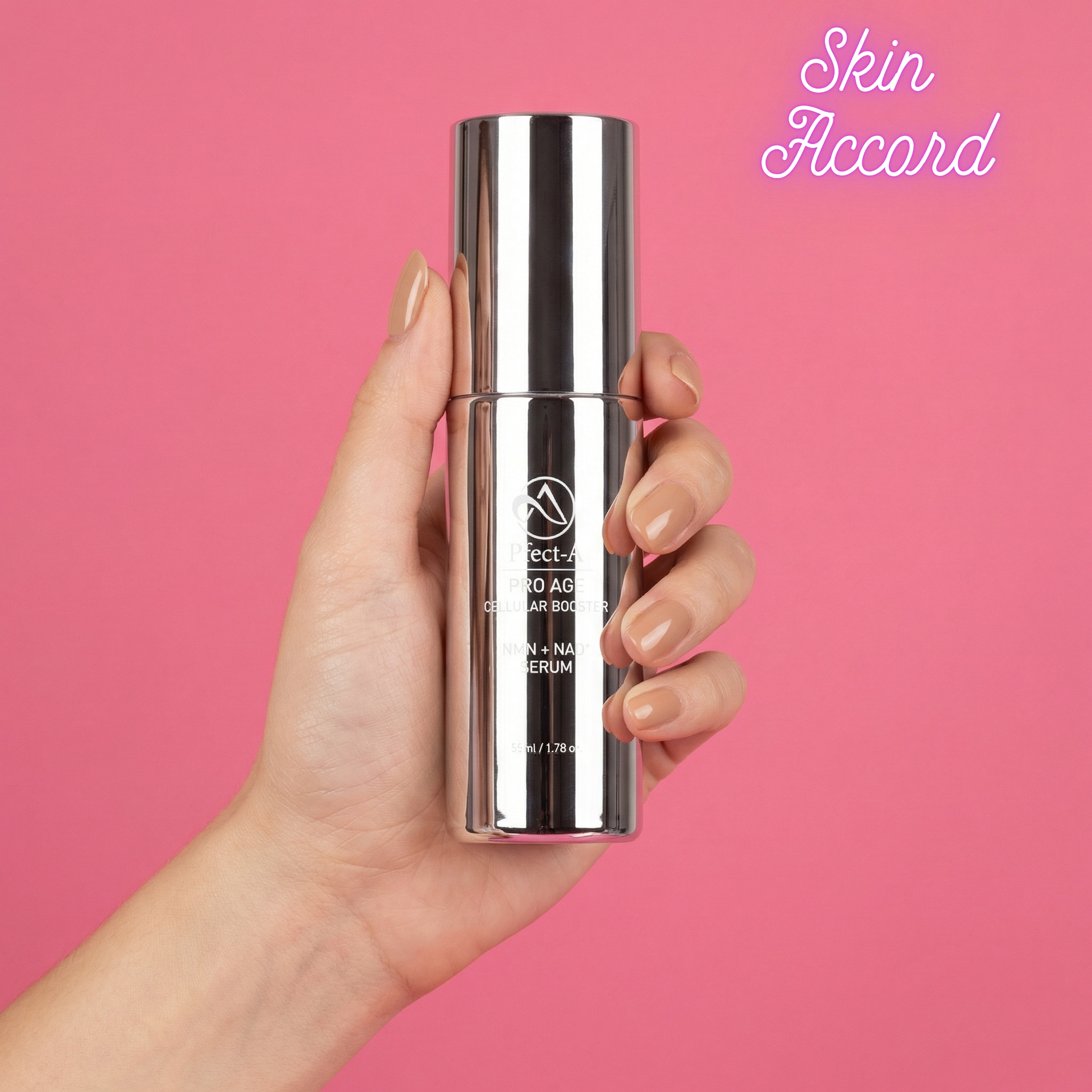 Hand holding KRX Aesthetics NMN+ NAD+ Serum against a pink background with 'Skin Accord' branding.