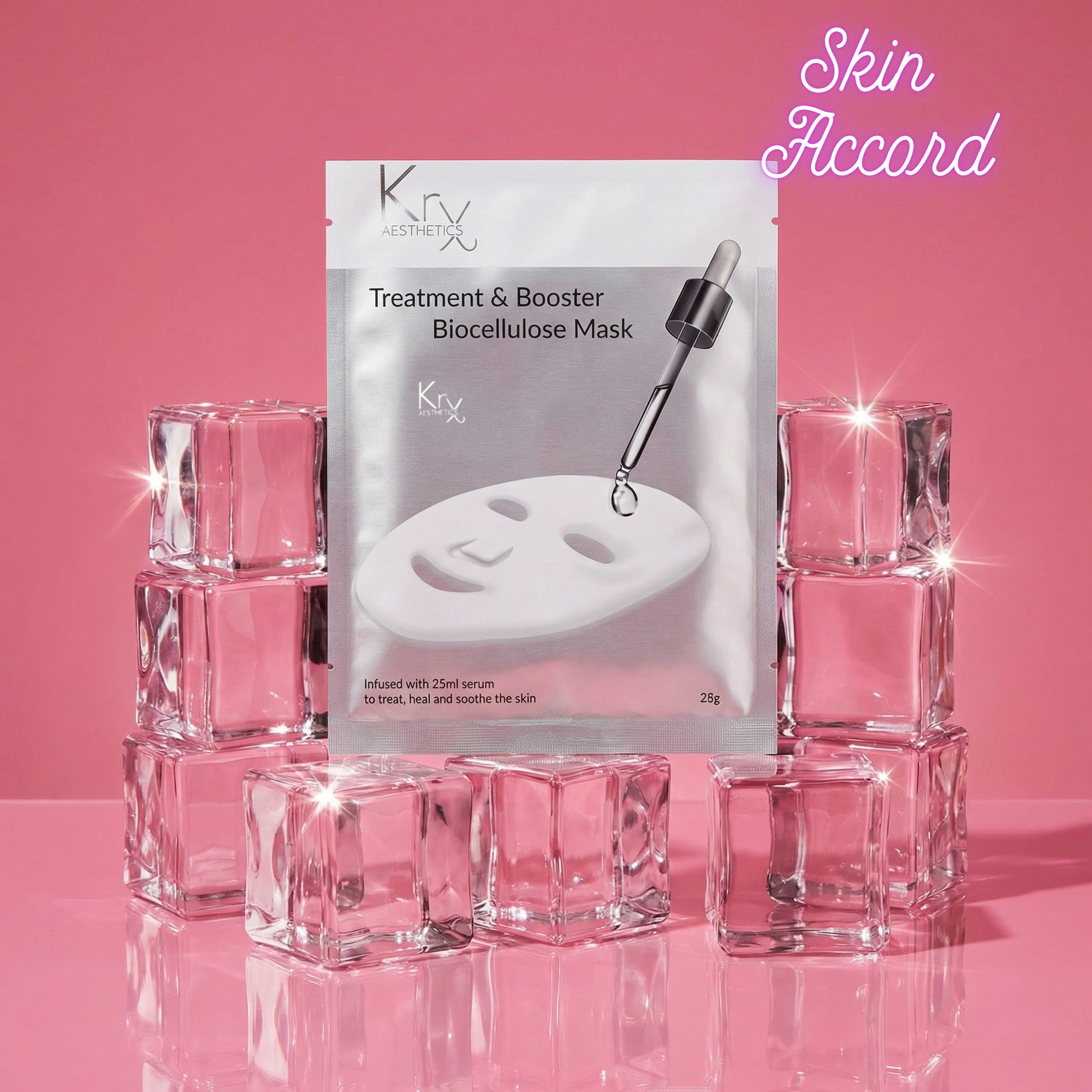 KRX Treatment Booster Biocellulose mask packaging on a pink background with 'Skin Accord' text.