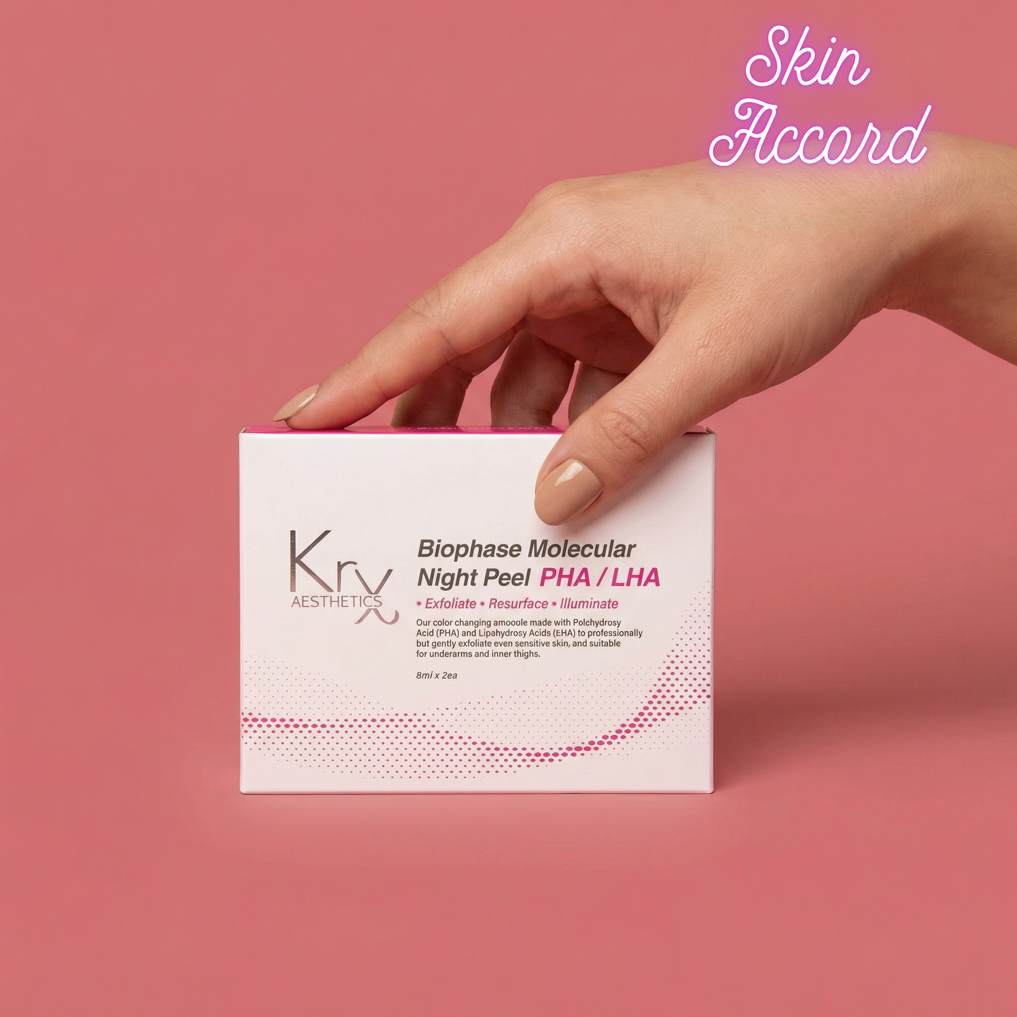 Hand holding a Kryx Aesthetics Biophase Night Peel box against a pink background