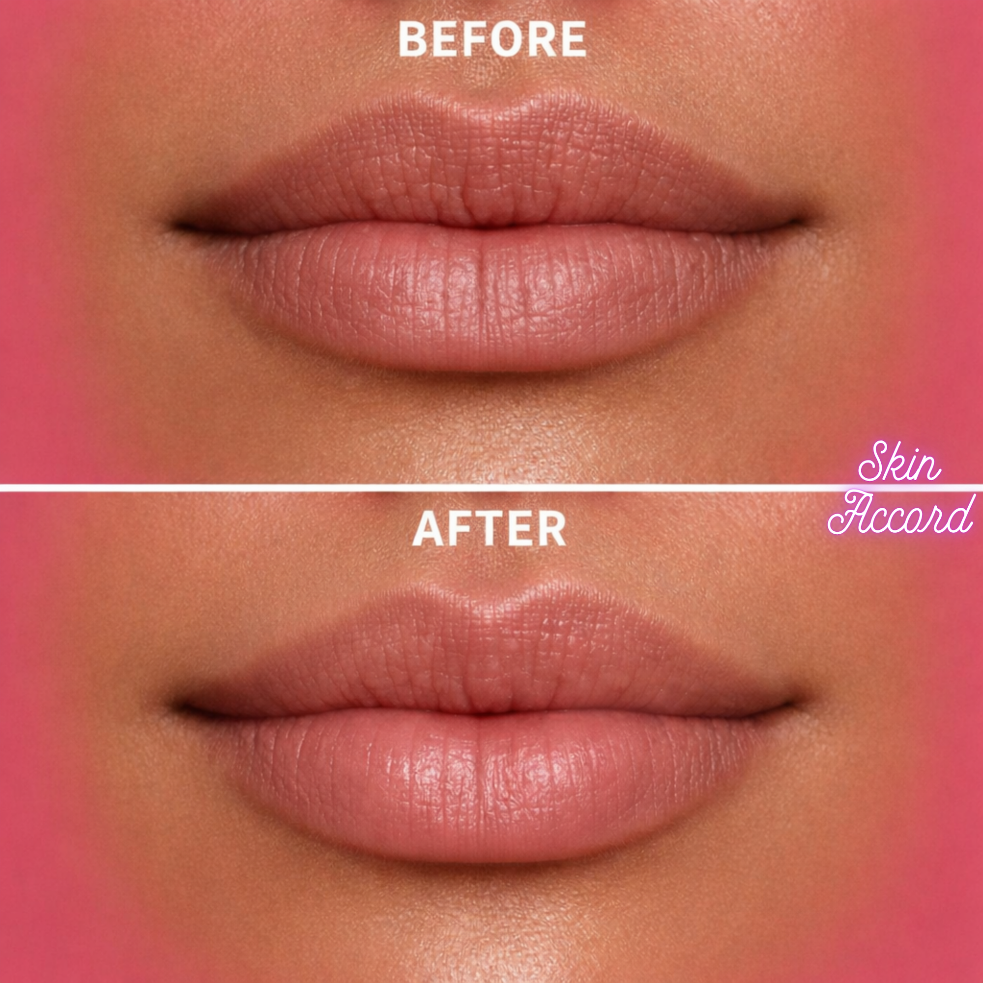 KRX Aesthetics Lip Darts Before and after comparison of lips with 'Skin Accord' brand name.
