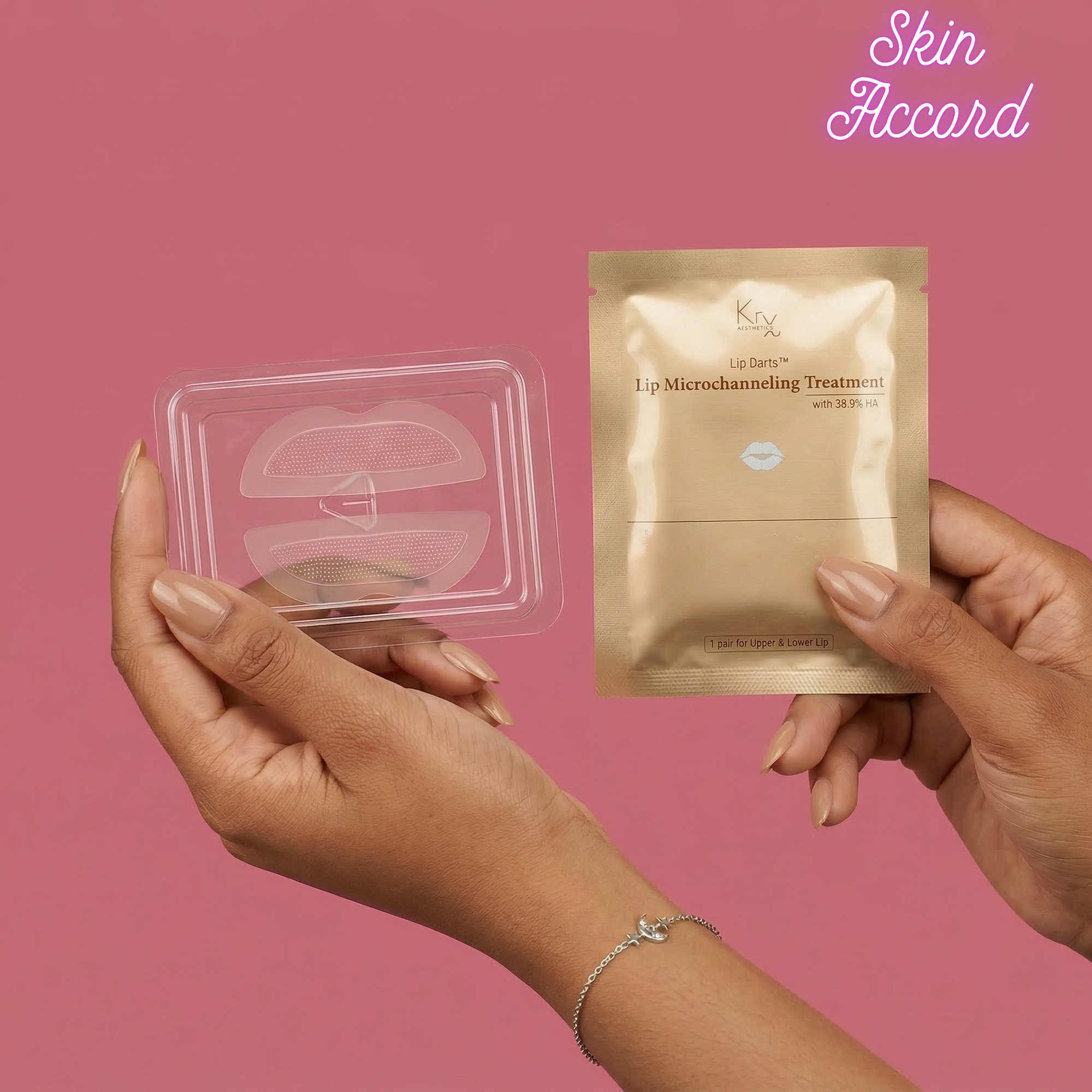 Hand holding a KRX Aesthetics Lip Darts product with 'Skin Accord' branding on a pink background