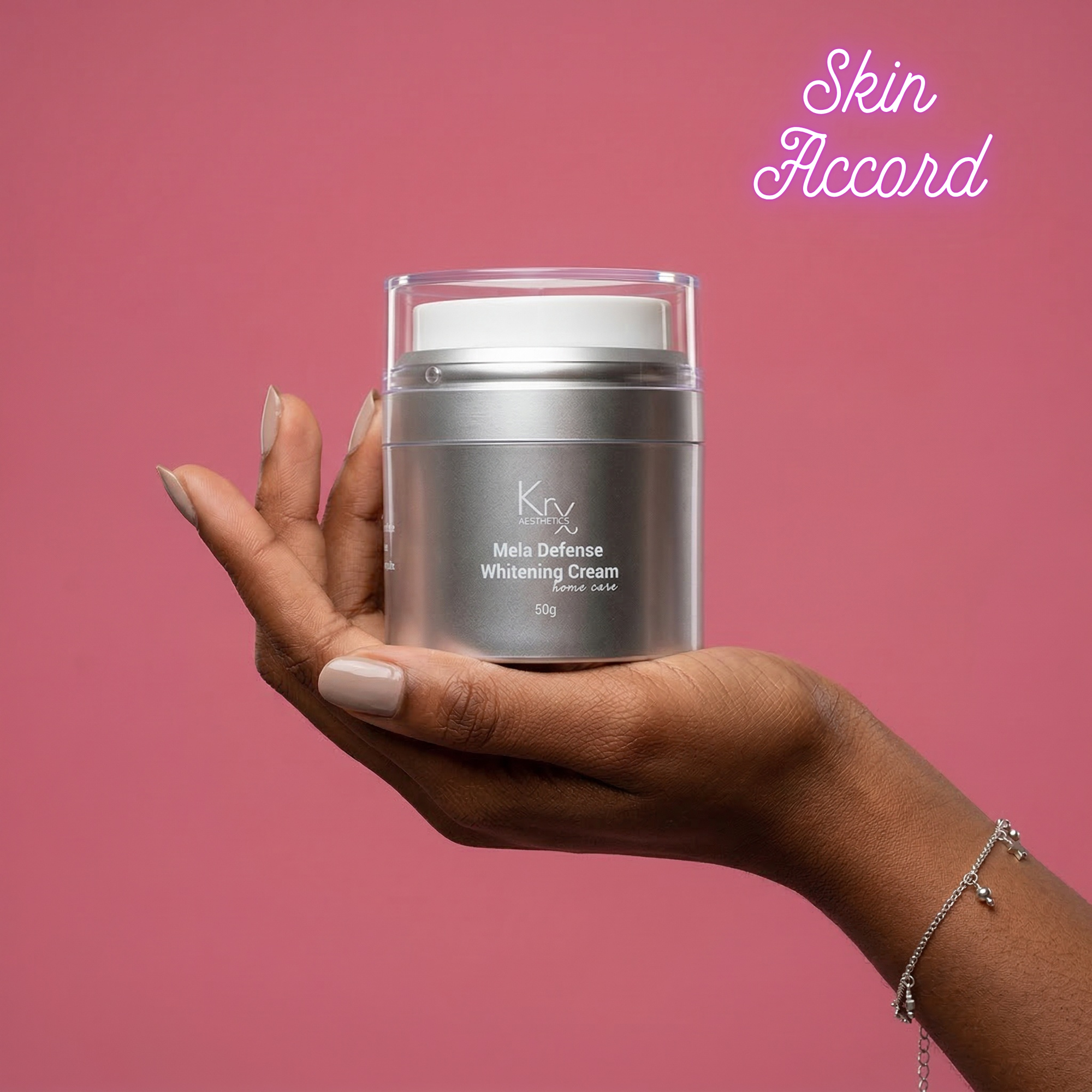Hand holding a jar of  KRX Aesthetics Mela Defense Cream against a pink background