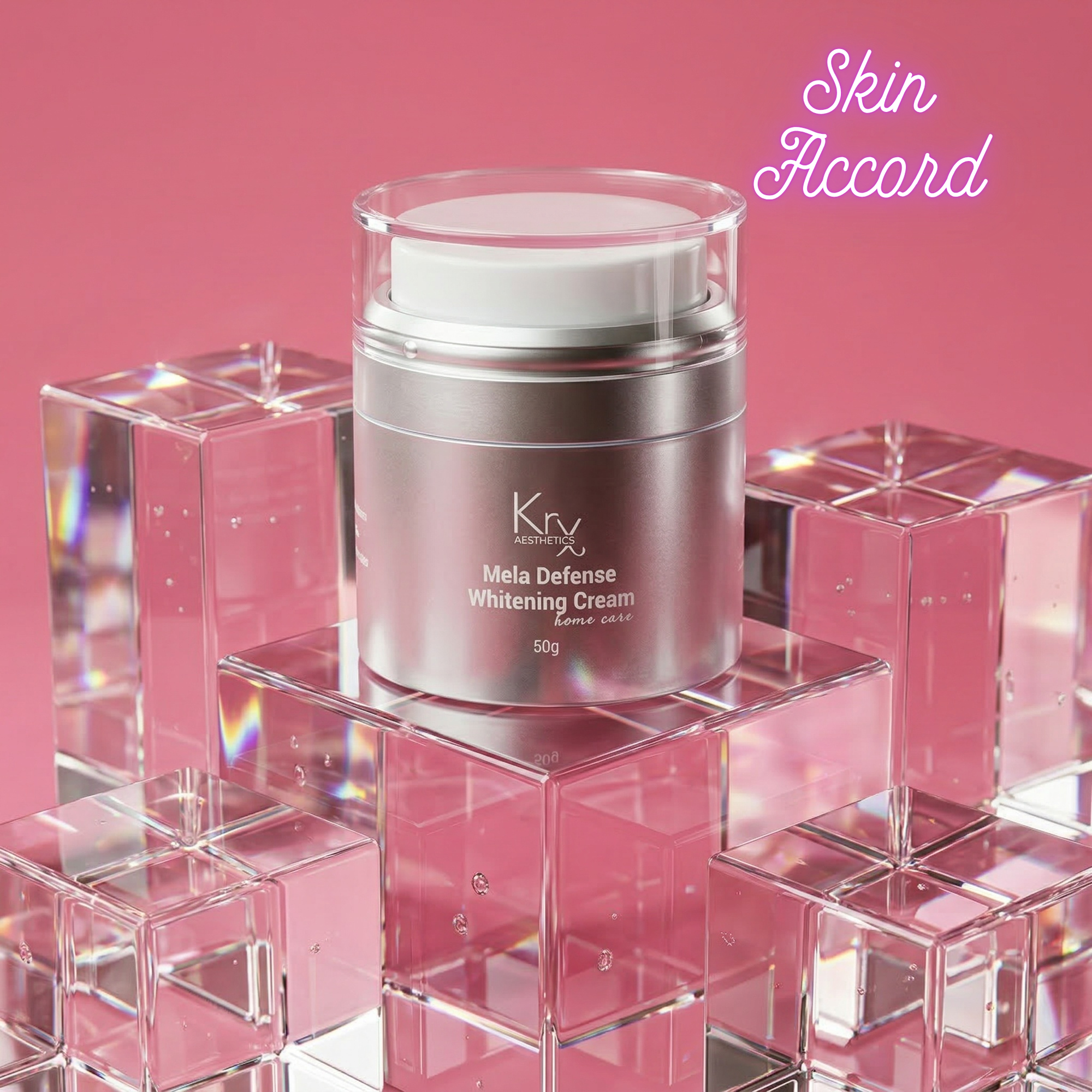 KRX Mela Defense Cream  jar on transparent cubes with pink backgroud