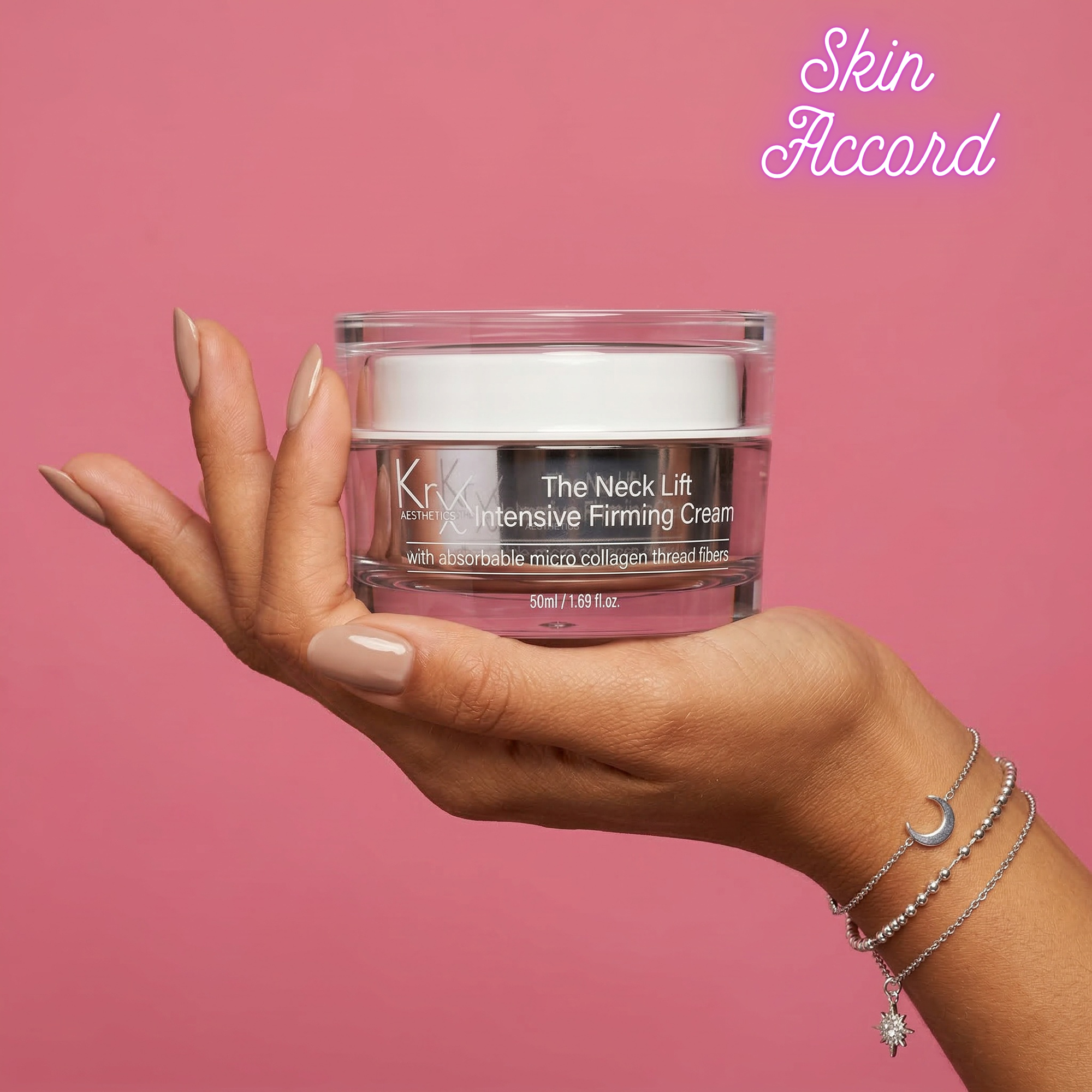 Hand holding a jar of 'KRX Aesthetics The Neck Lift' cream with 'Skin Accord' branding against a pink background.