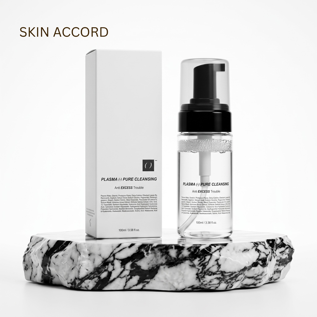 Medi Pair Pure Cleanser product shown with its white rectangular box and a clear pump bottle with a black pump and transparent cap, placed on a black-and-white marbled stone slab against a clean white background. The text 'SKIN ACCORD' appears at the top left.