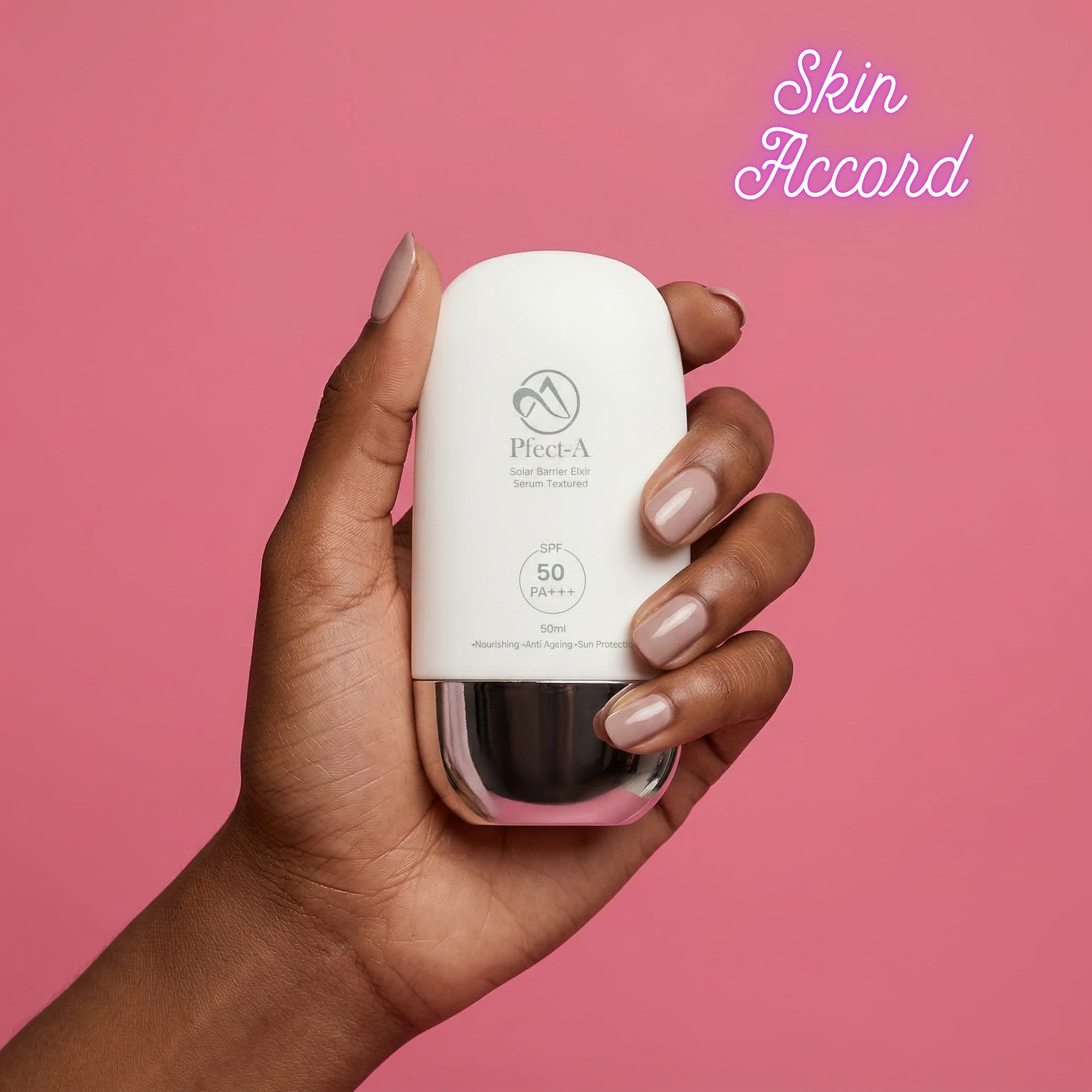 Hand holding a Pfect-A Elixir Sunscreen product with 'Skin Accord' branding on a pink background